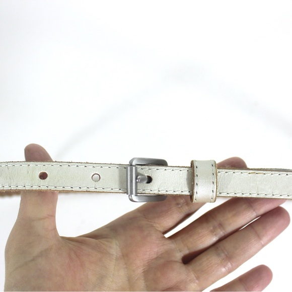 Pearlized Skinny White Silver Platinum Woven Braided Leather Belt, Narrow Silver - Picture 4 of 9